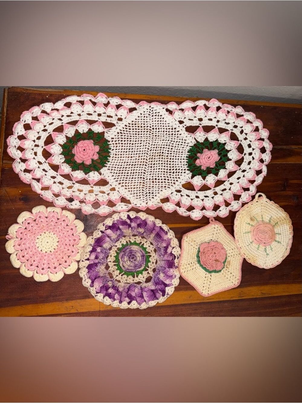 Handmade Roses Crochet Doily Set Floral Design 5 Pieces